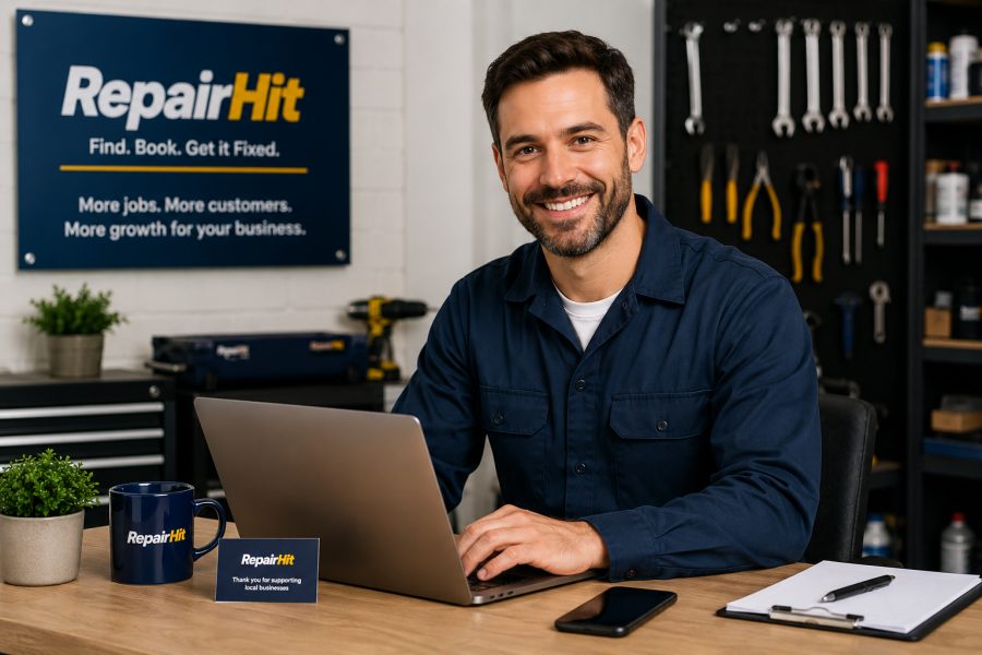 RepairHit business owner using a laptop inside a professional repair workshop