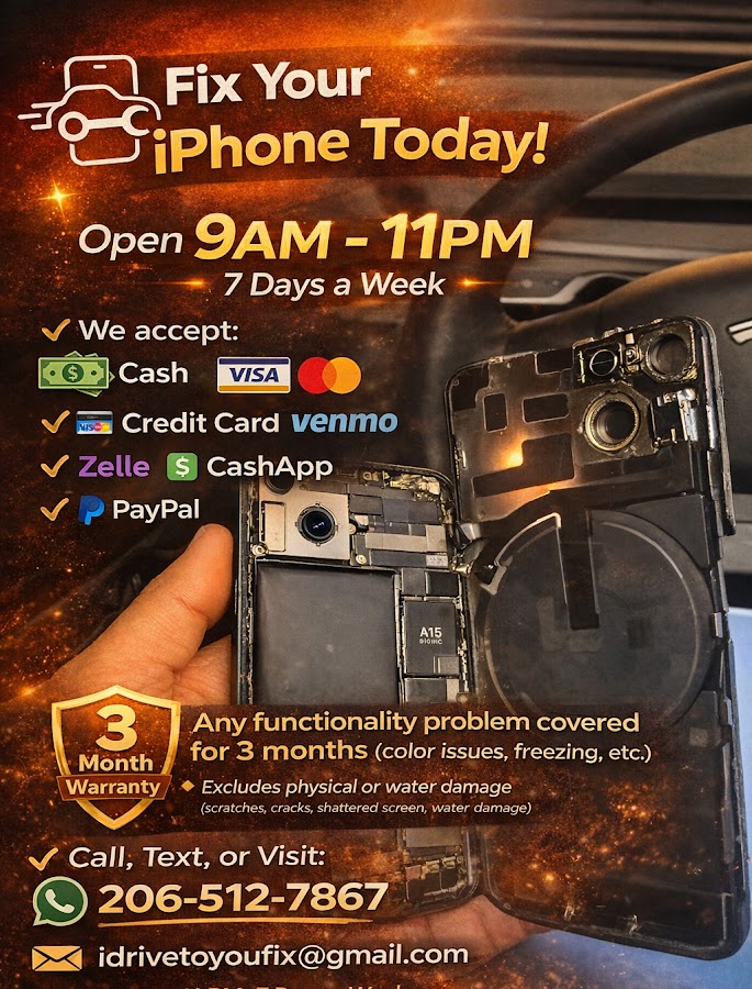 iDriveToYouFix Seattle Bellevue - Fast Phone & Tablet & Device Repair (Mobile Service 40-60 min)